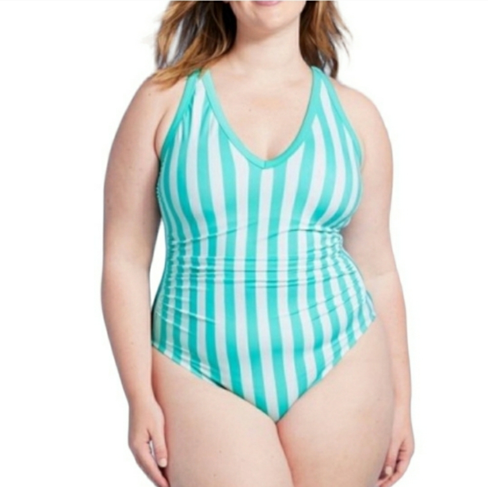 Kona Sol (NWT) Aqua/White Striped One Piece V-neck Bathing Suit 18W